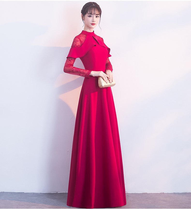 红色长款中式礼服，荷叶边气质晚礼服裙