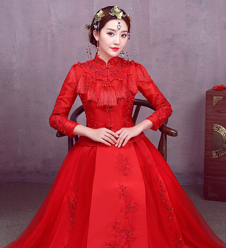 简约红色中式礼服，流苏中国风新娘结婚礼服