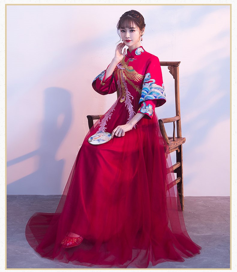 复古凤凰刺绣中式礼服，中国风结婚晚礼服