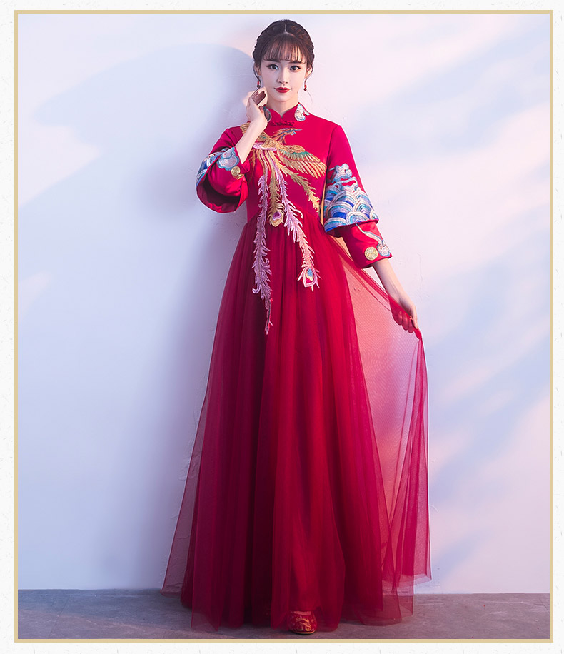 复古凤凰刺绣中式礼服，中国风结婚晚礼服