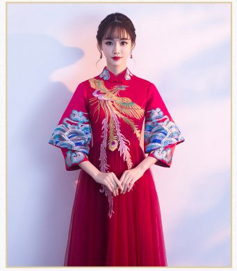 复古凤凰刺绣中式礼服，中国风结婚晚礼服