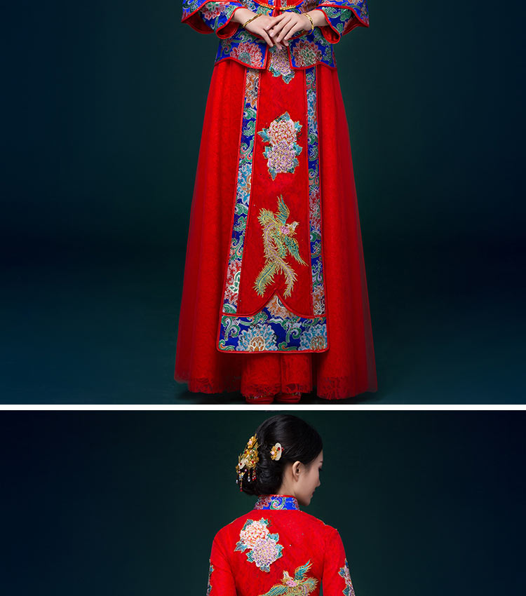 中国风中式礼服，凤凰刺绣新娘结婚礼服