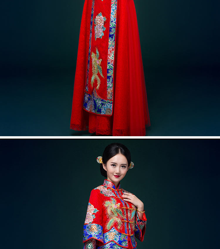 中国风中式礼服，凤凰刺绣新娘结婚礼服