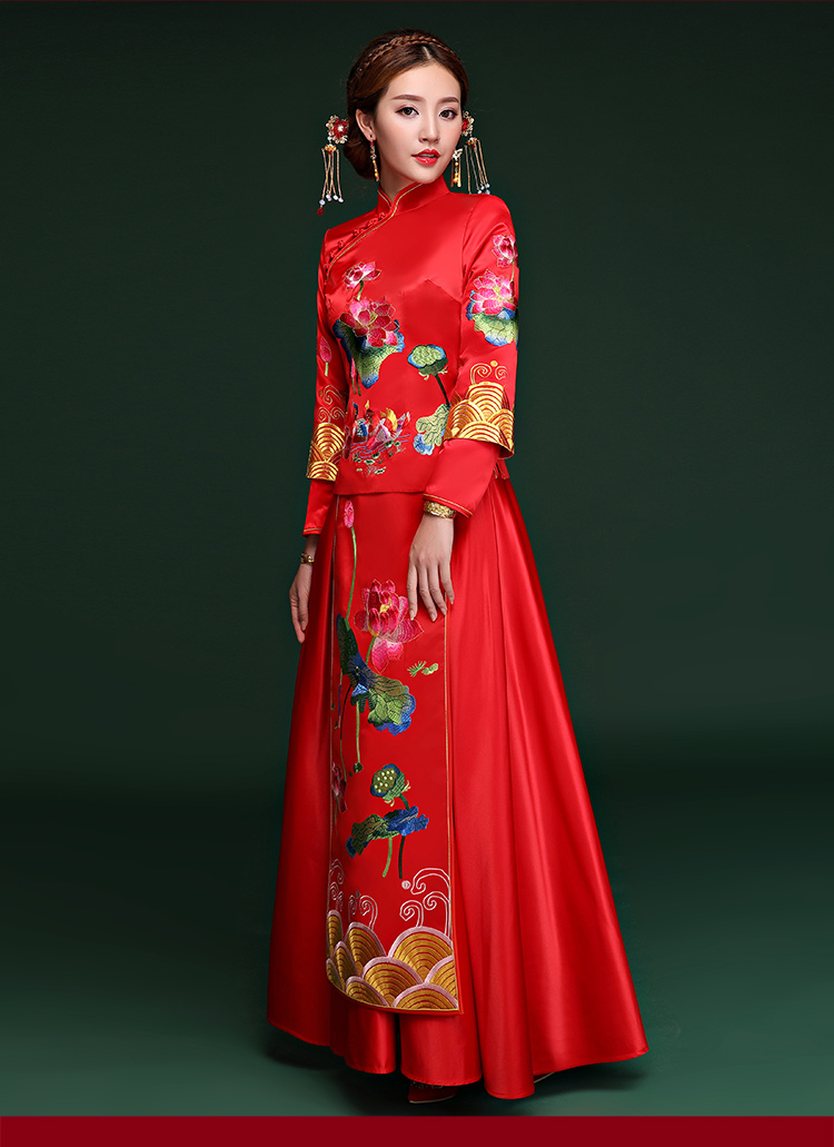 荷塘鸳鸯戏水中式礼服，中国风新娘结婚礼服