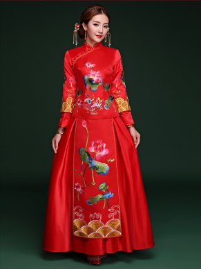 荷塘鸳鸯戏水中式礼服，中国风新娘结婚礼服