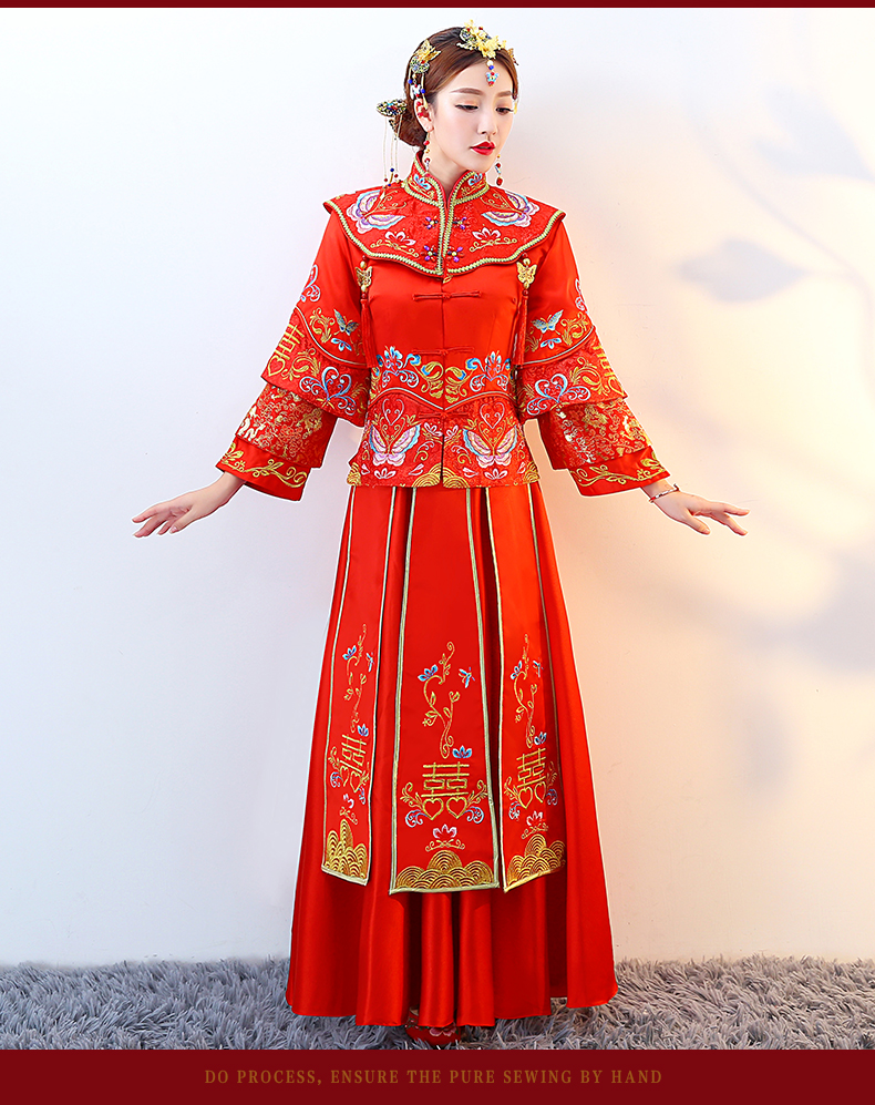 红色复古典雅中式礼服，新娘结婚礼服