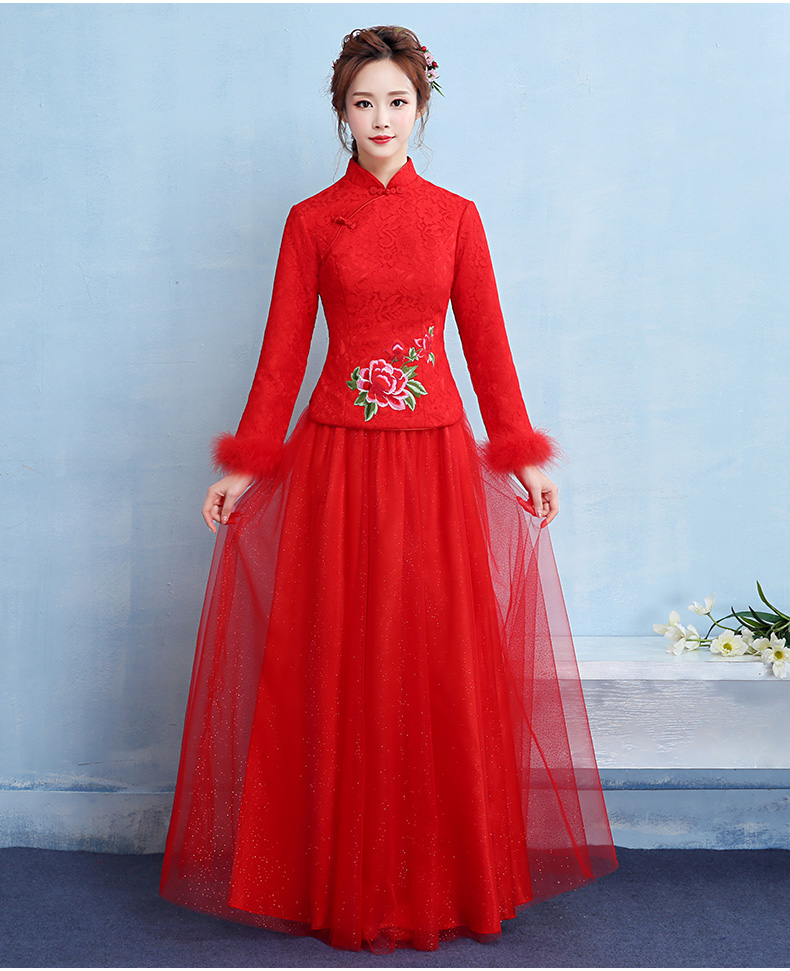 牡丹绣花中式礼服，中国风保暖晚礼服