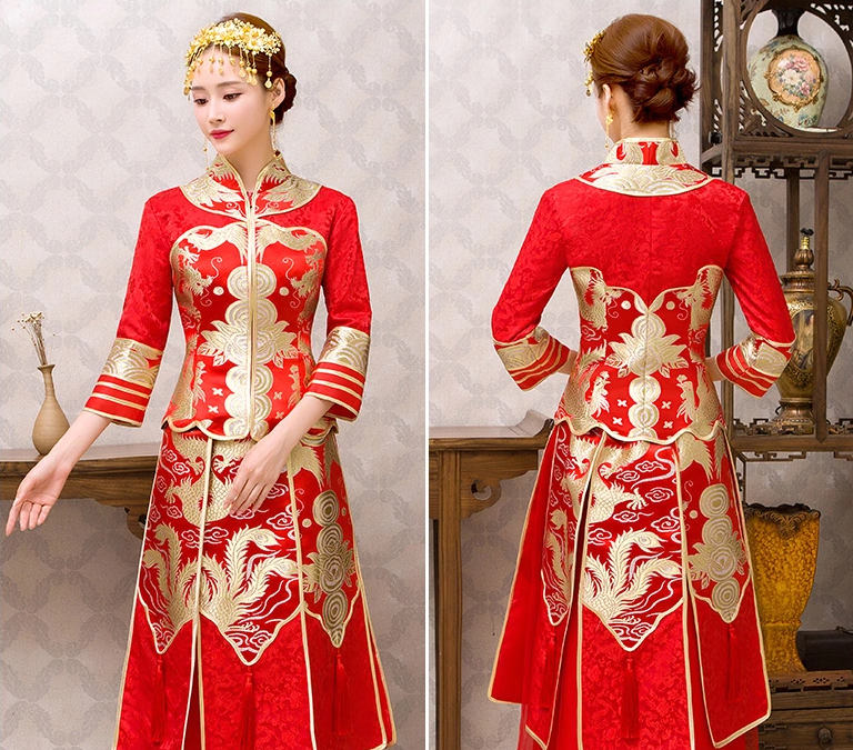 红色龙凤褂中式礼服，唯美新娘结婚礼服