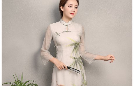 竹轩淡雅旗袍，中袖改良奥黛风旗袍裙