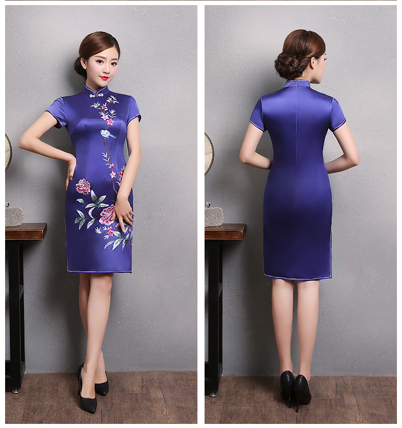 紫色牡丹绣花旗袍，复古短袖旗袍裙