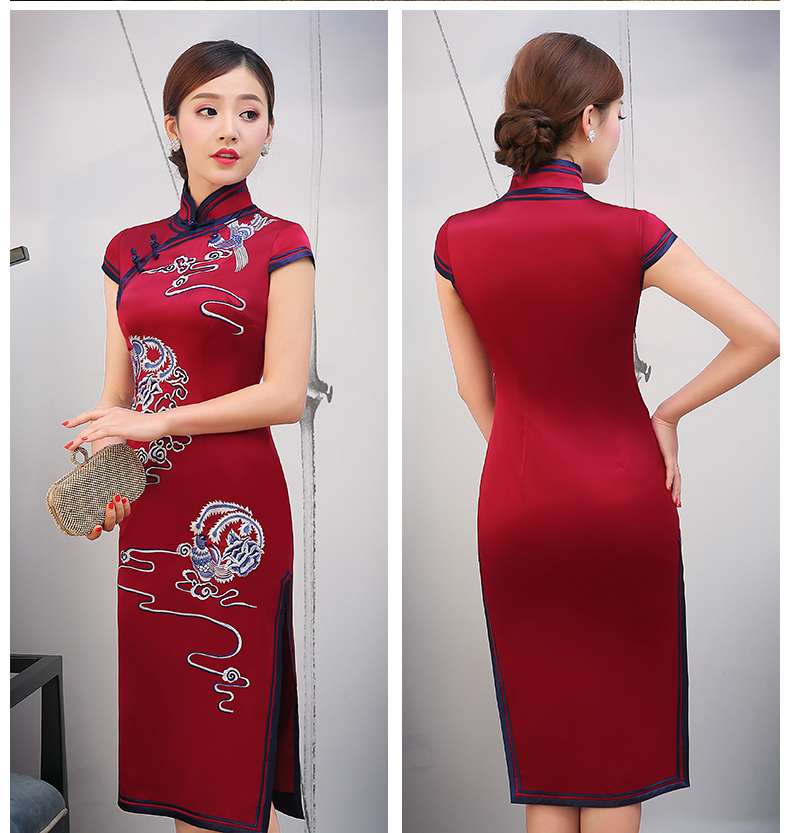 红色云凤刺绣旗袍，短袖真丝旗袍裙