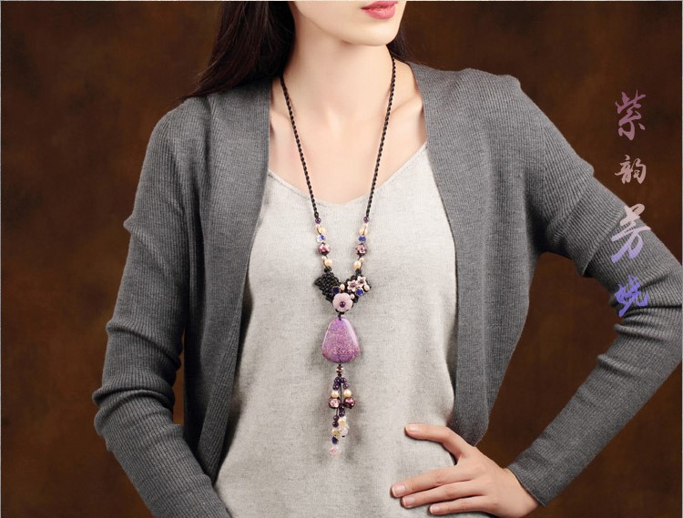 珍珠紫水晶石头吊坠毛衣链，复古民族风项链