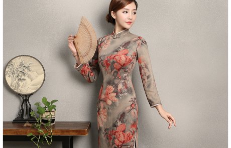 复古风红旦旗袍，中式红花朵旗袍裙