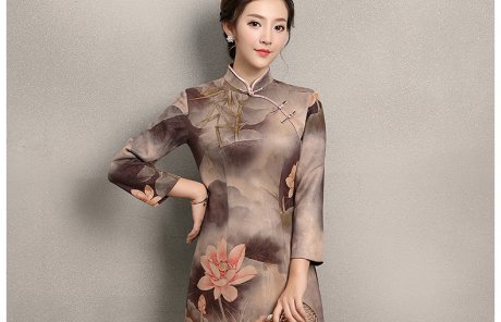 粉荷印花旗袍，中国风复古旗袍裙