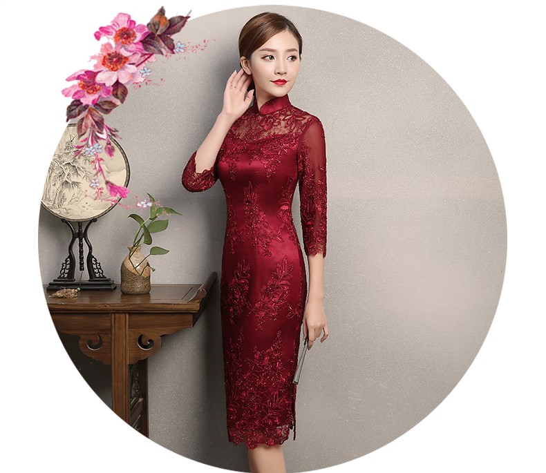 红色蕾丝旗袍，复古刺绣旗袍裙