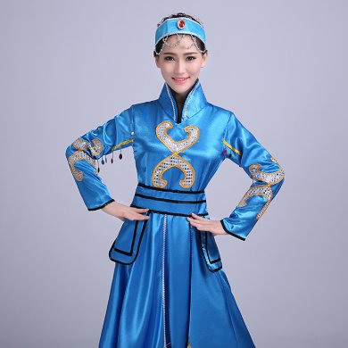 蓝色大裙摆蒙古族服饰，少数民族服装
