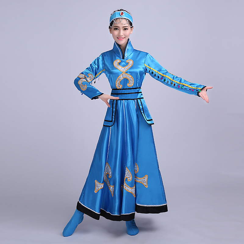 蓝色大裙摆蒙古族服饰，少数民族服装