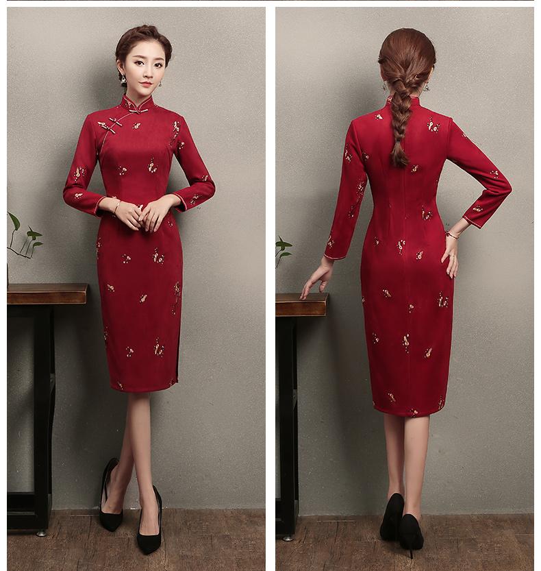 红色印梅花旗袍，鲜艳热情旗袍裙