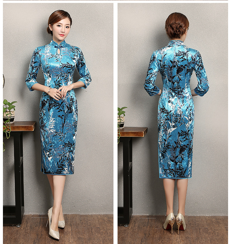 蓝色印花郁兰旗袍，优雅复古旗袍裙