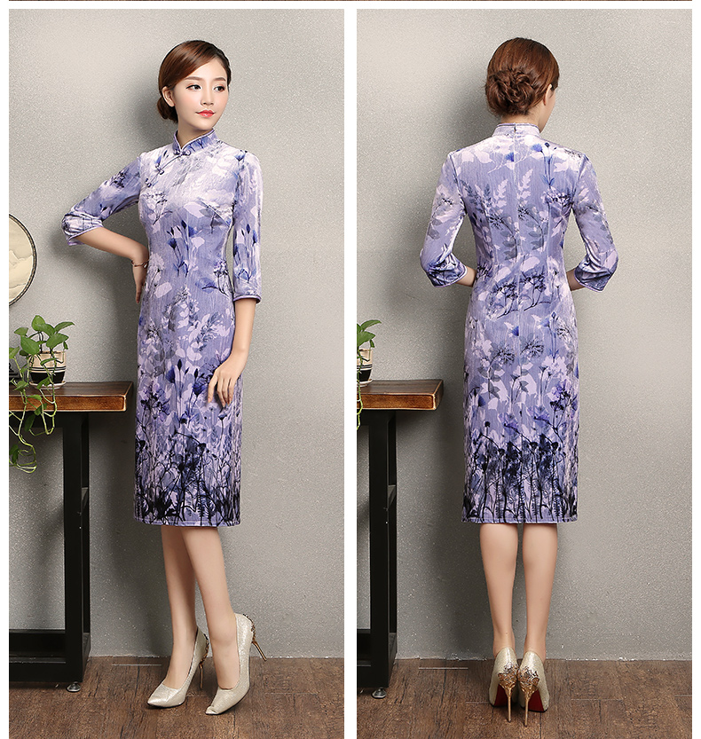 淡紫色印花旗袍，高贵典雅旗袍裙