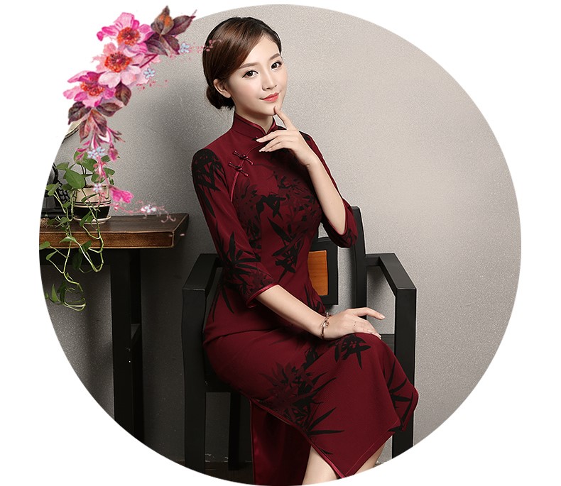 暗红色竹香旗袍，古典中袖旗袍裙