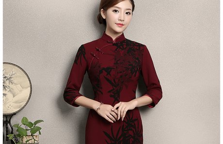 暗红色竹香旗袍，古典中袖旗袍裙