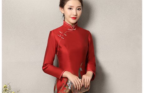 牡丹孔雀红色旗袍，复古火凤旗袍裙