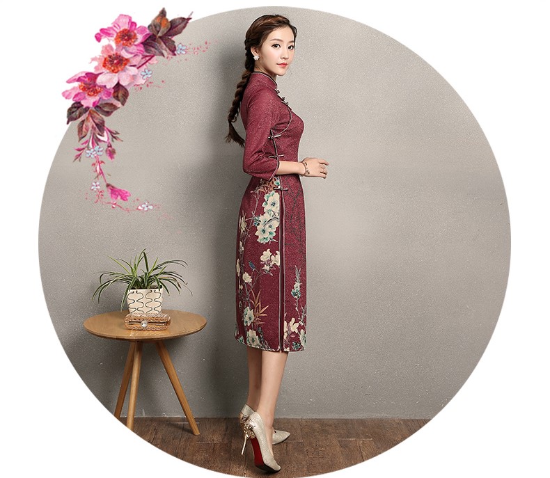枣红色奥黛风旗袍，复古中式旗袍裙