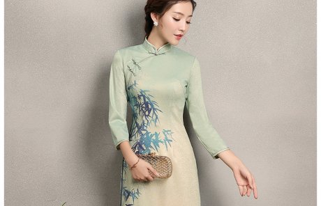 淡绿羞竹印花旗袍，时尚中国风旗袍裙