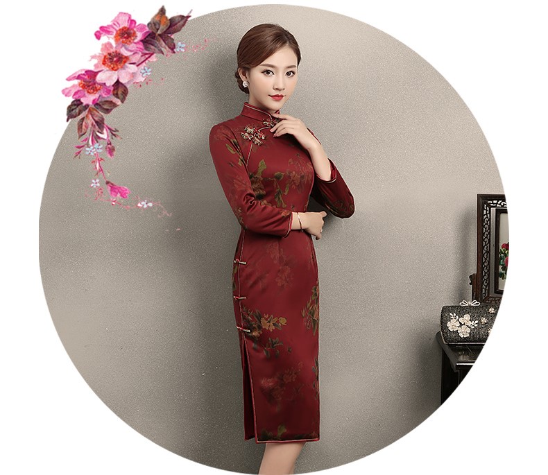 深红色印花旗袍，复古中国风旗袍裙