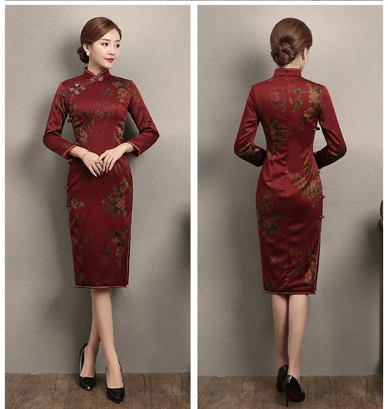 深红色印花旗袍，复古中国风旗袍裙
