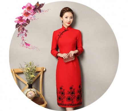 复古之美红色旗袍，蕾丝花纹修身旗袍裙