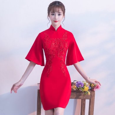 气质小礼服裙，短款红色中式礼服