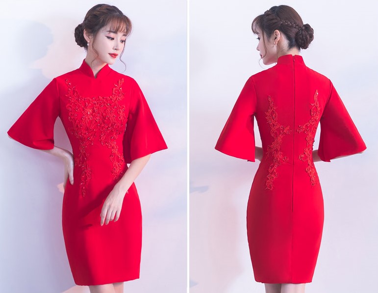 气质小礼服裙，短款红色中式礼服