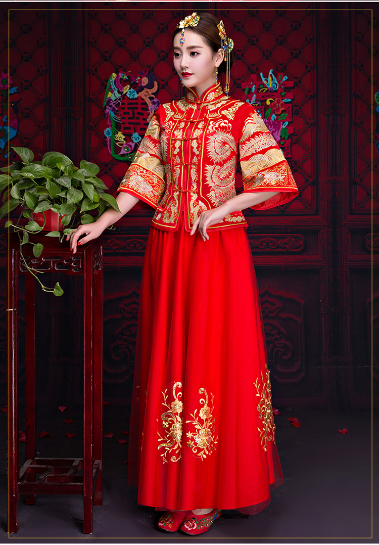红色中袖中式礼服，复古中国风新娘礼服