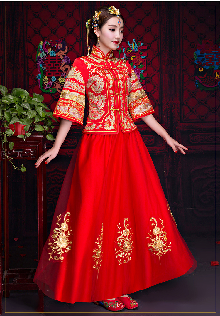 红色中袖中式礼服，复古中国风新娘礼服