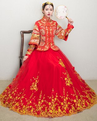 复古龙凤褂中式礼服，蕾丝网纱裙新娘结婚礼服