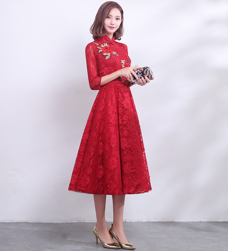 复古时尚中式礼服，中国风红色七分袖晚礼服