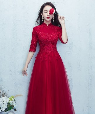 红色蕾丝网纱裙中式礼服，优雅修身晚礼服