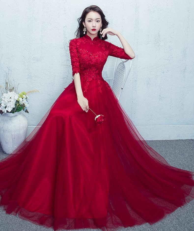 红色蕾丝网纱裙中式礼服，优雅修身晚礼服