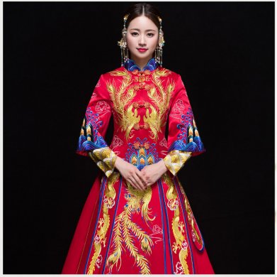 复古典雅中国风新娘礼服，奢华拖尾中式礼服
