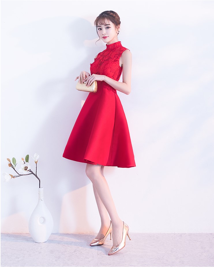 时尚无袖中式礼服，蕾丝绣花短款晚礼服