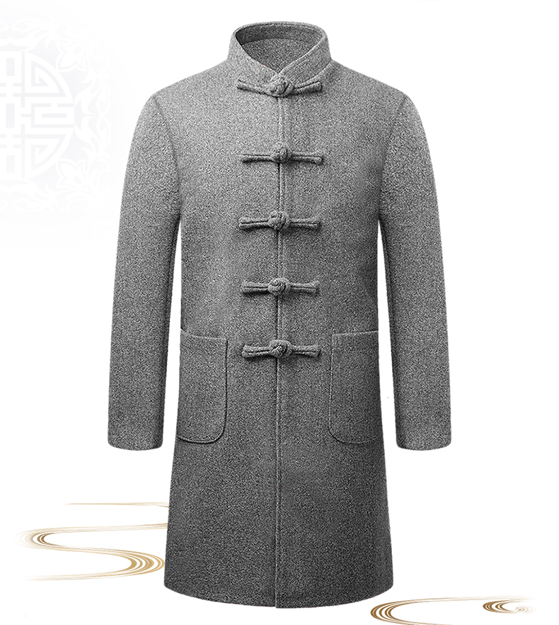 灰色长款复古民族风外套，中式唐装中山装