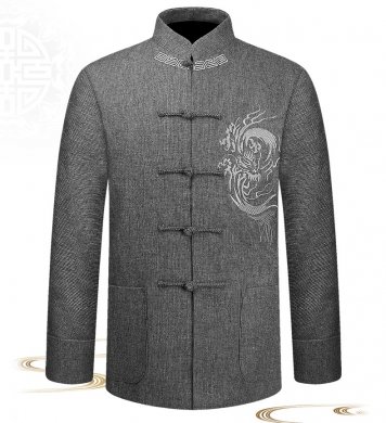 灰色绣花复古中国风外套，中式唐装中山装