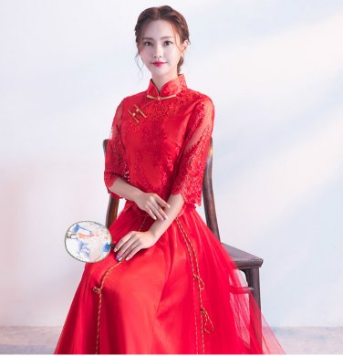 蕾丝绣花中式礼服，秀禾服红色婚纱新娘礼服