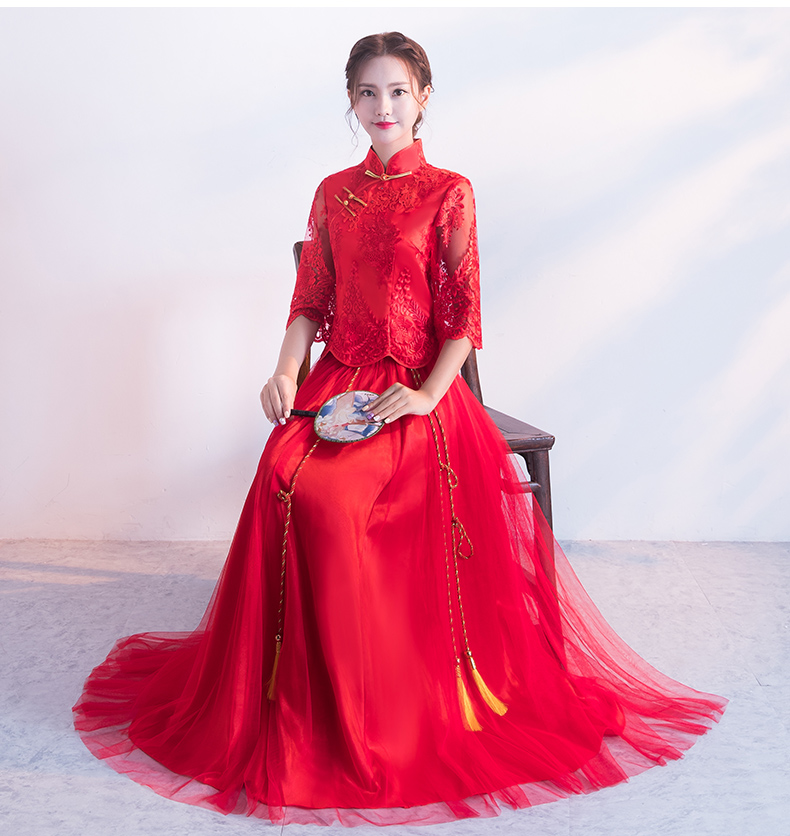 蕾丝绣花中式礼服，秀禾服红色婚纱新娘礼服