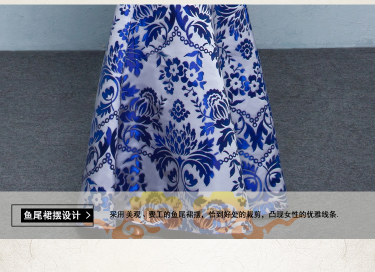 中式青花瓷旗袍礼服，时尚复古旗袍裙