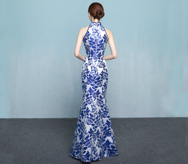 中式青花瓷旗袍礼服，时尚复古旗袍裙