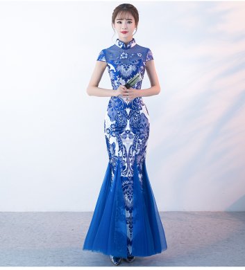 中国风青花瓷旗袍，复古优雅鱼尾旗袍裙
