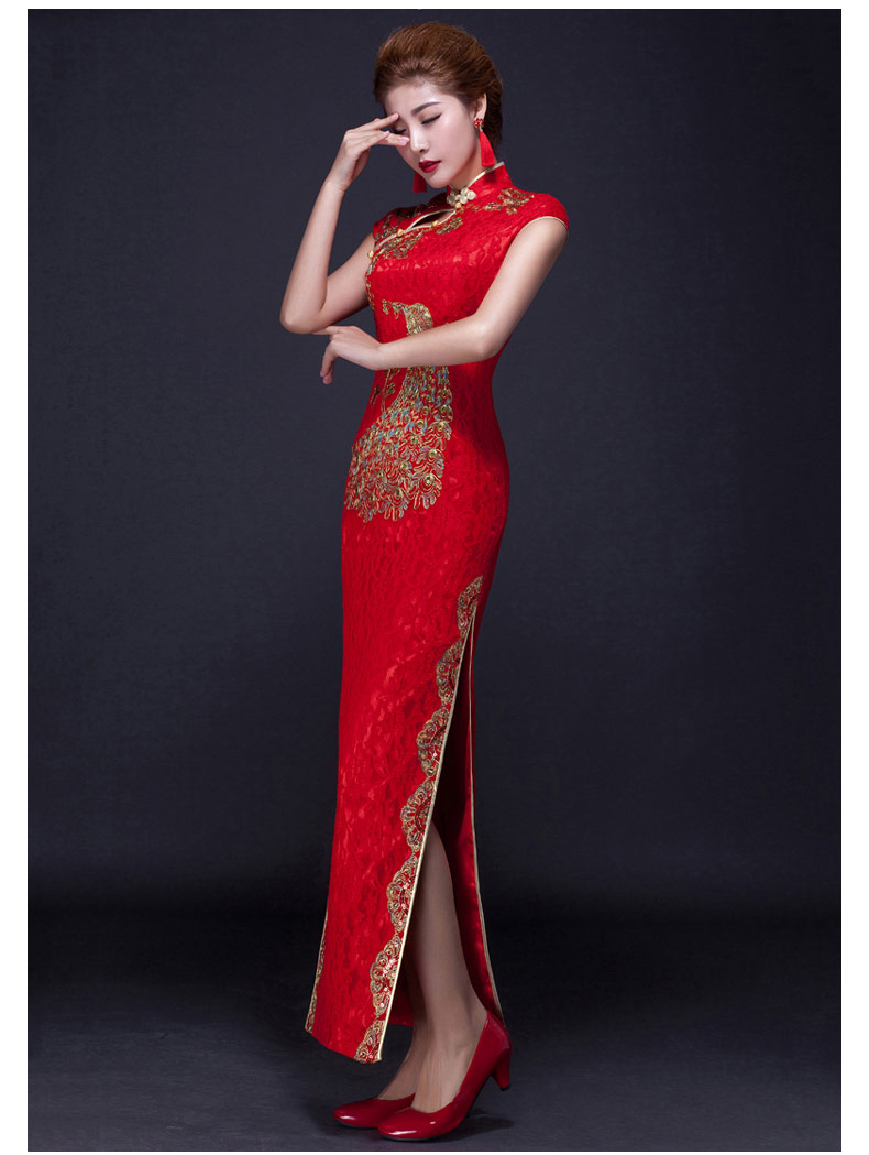 中国风凤凰刺绣旗袍，复古红色斜襟开叉旗袍裙